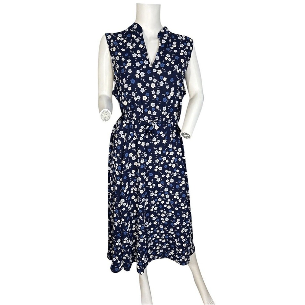 New Anne Klein Women's Navy Floral Midi Dress Size XL V-neck Sleeveless Belted